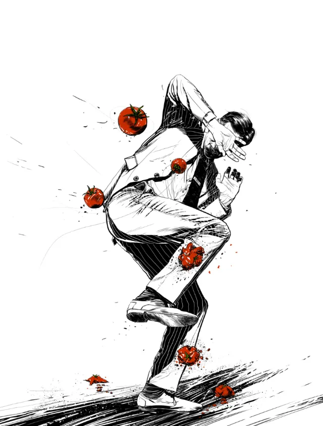 Stylized figure dodging flying tomatoes in dynamic pose by POW!!!