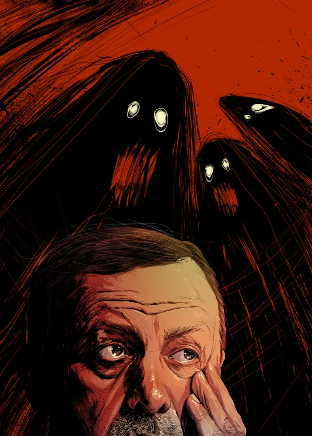 Contemplative man with three dark ghostly figures behind him by POW!!!