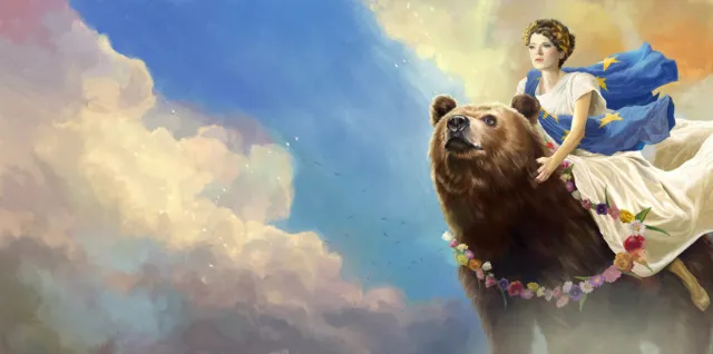 Woman in blue dress riding a bear with a floral garland by POW!!!