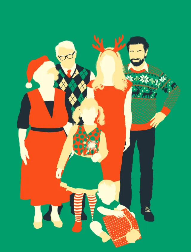 Festive family wearing Christmas sweaters and holiday accessories by POW!!!