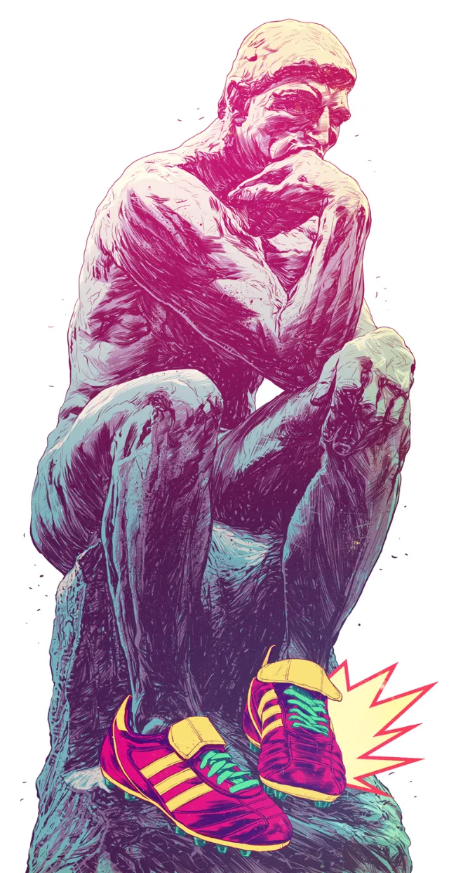 The Thinker statue wearing red and green sneakers by POW!!!
