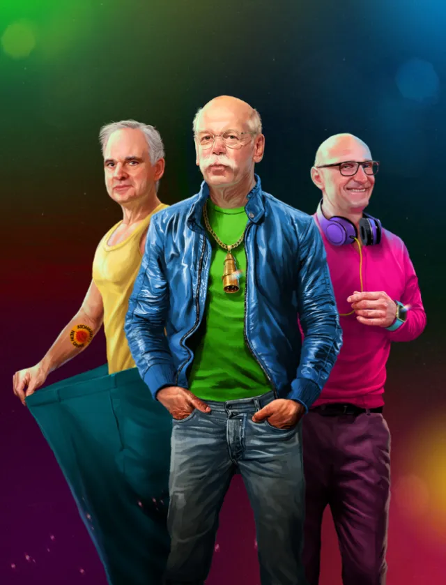Portrait of three older men in colorful clothing by POW!!!