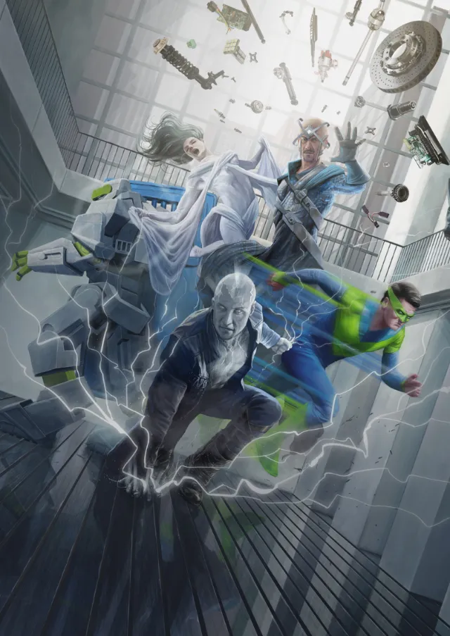 Superheroes bursting through wall in a city, dynamic action scene by POW!!!