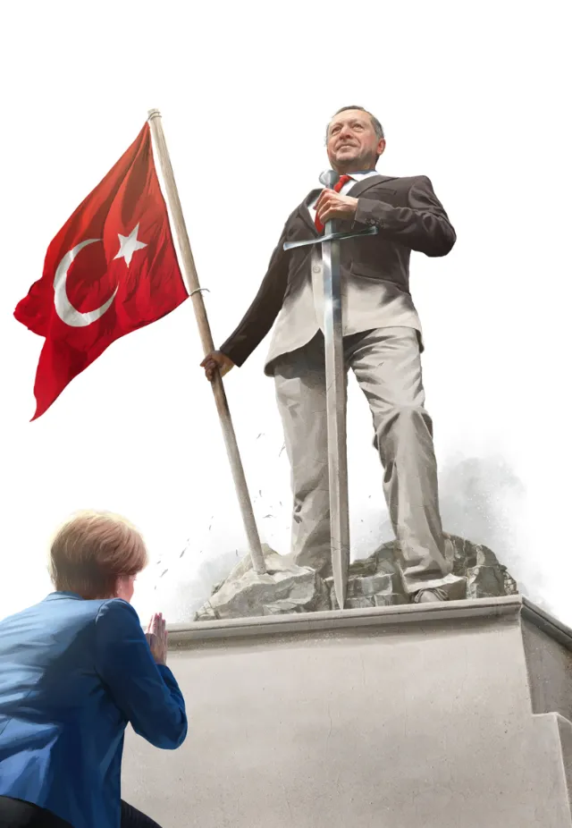 Statue of man holding Turkish flag with person observing, by POW!!!