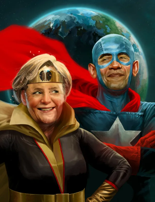 Superhero duo with earth backdrop and red cape by POW!!!