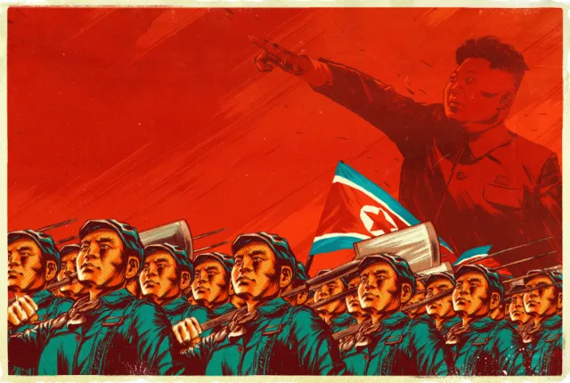 North Korean soldiers marching beneath a large leader portrait by POW!!!