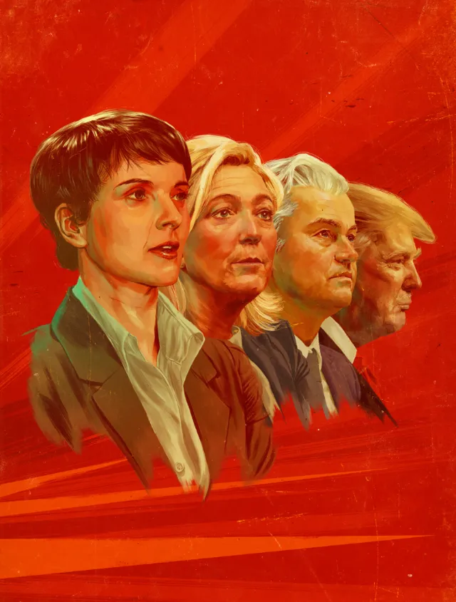 Illustration of four political figures in profile by POW!!!