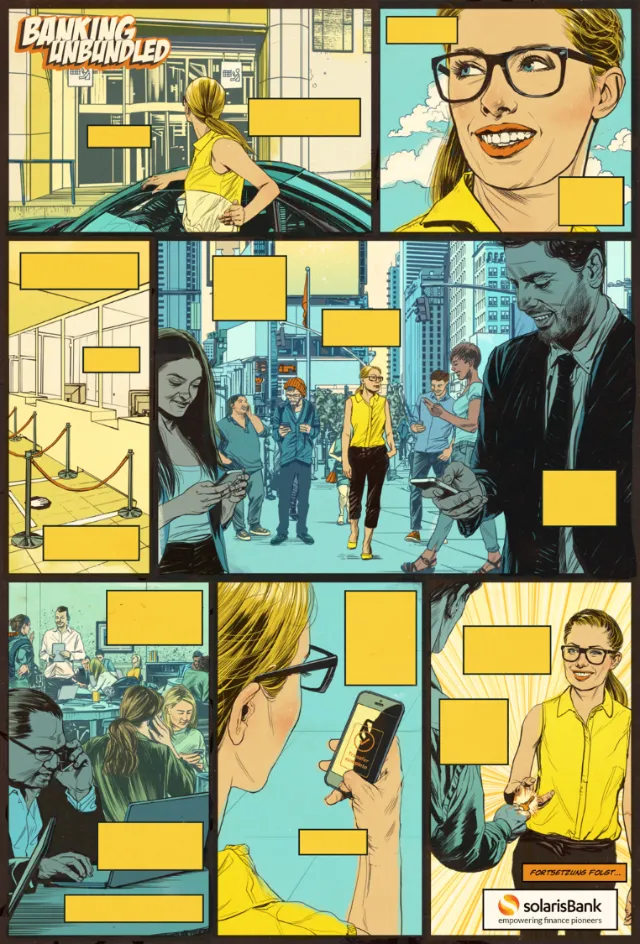 Comic-style business scenes featuring a man in glasses interacting with people, by POW!!!