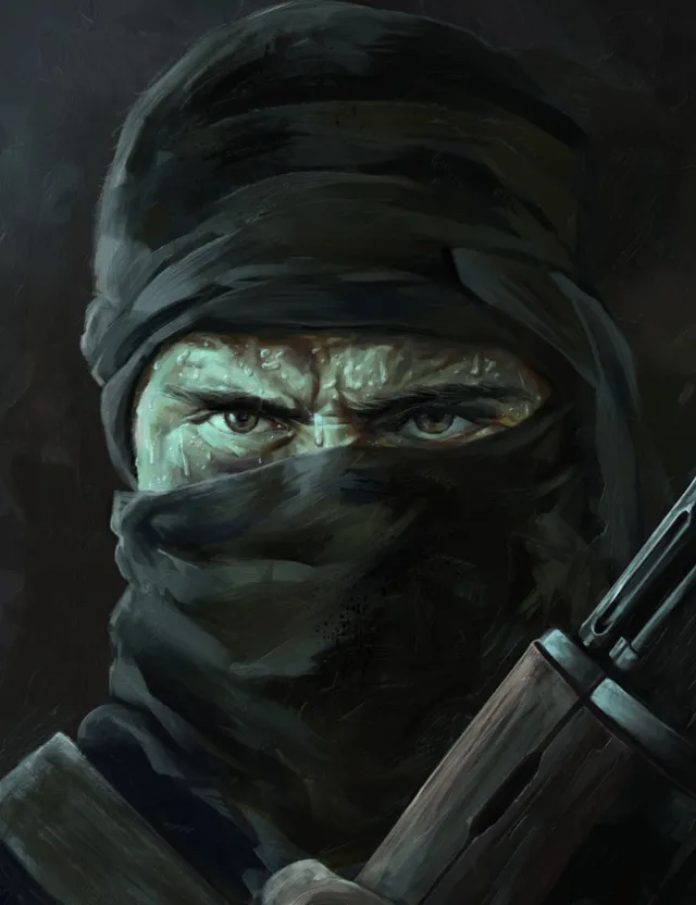 Close-up of masked soldier with intense eyes holding a rifle by POW!!!