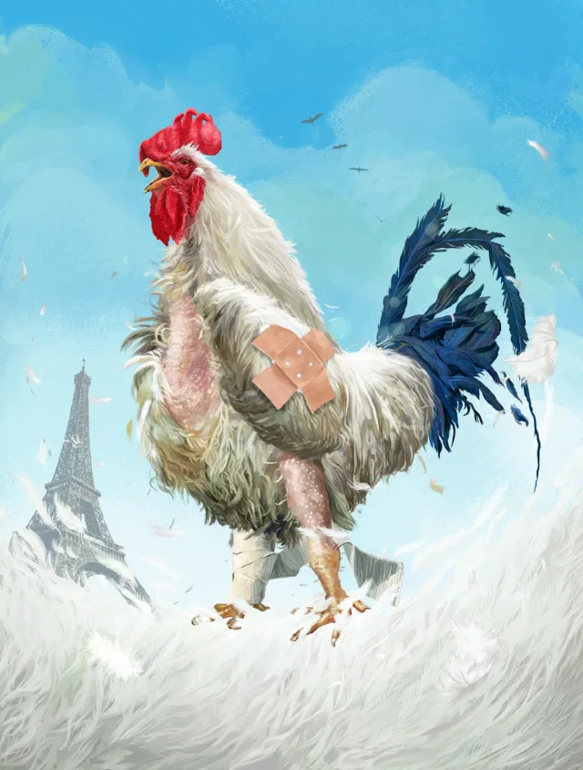 Rooster with bandages standing in a snowy landscape, artwork by POW!!!
