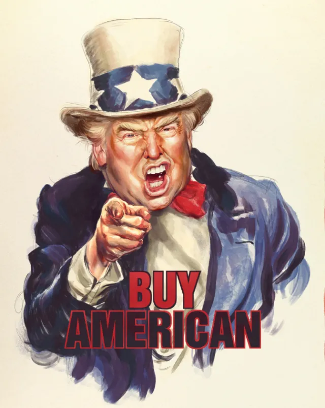 Caricature of Donald Trump as Uncle Sam pointing with Buy American text by POW!!!