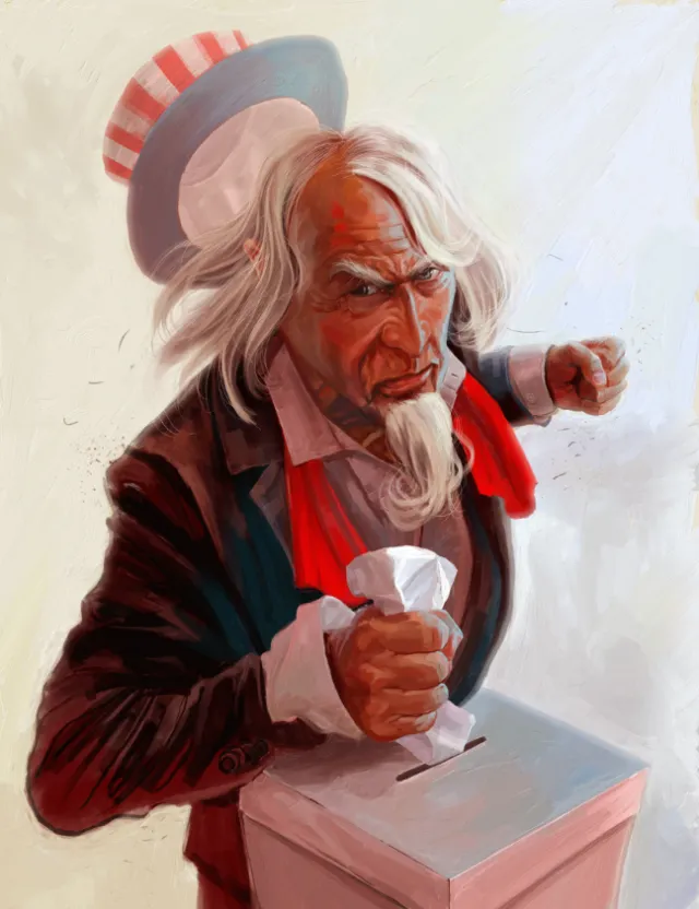 Angry Uncle Sam with clenched fist holding ballot above voting box by POW!!!