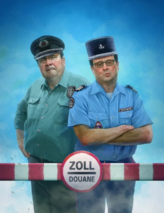 Customs officers in green and blue uniforms behind Zoll Douane barrier by POW!!!