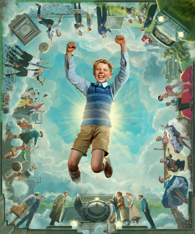 A boy jumping excitedly with raised fists among cheering crowd, artwork by POW!!!