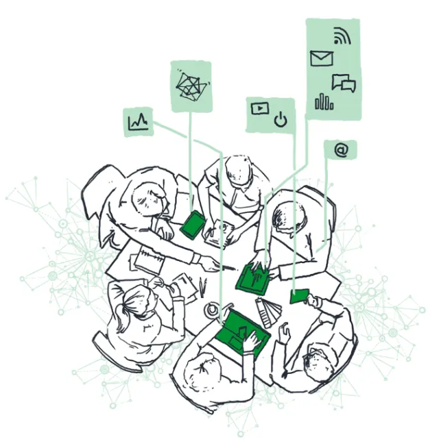 loose illustration of people discussing tech