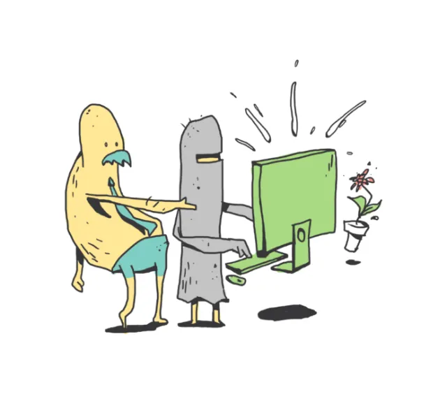 Cartoon characters with computer