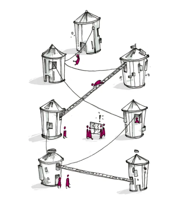 loose illustration of small sheds with people