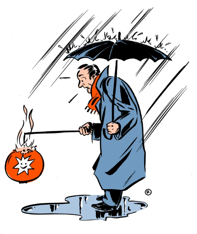 Man standing in rain with fire
