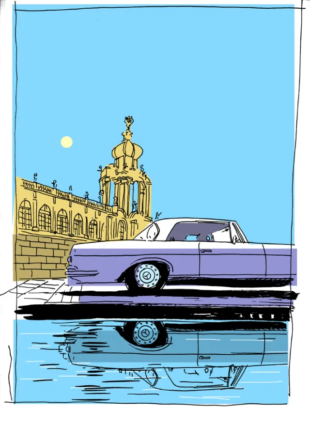 Graphic car parked at palace