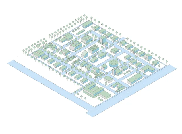 Isometric illustration of a neighborhood layout with buildings and trees by Tobias Wandres