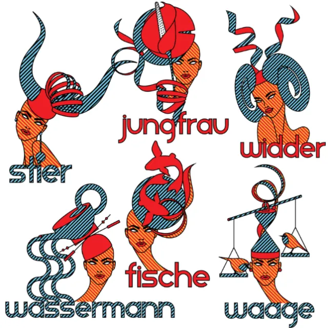 Zodiac signs Sier, Jungfrau, Widder, Wassermann, Fische, and Waage by Yordanka Poleganova