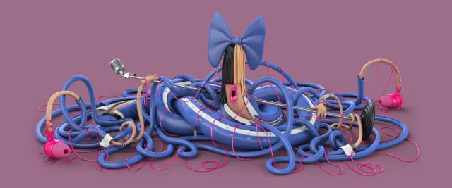 3d CGI blue character with long wires