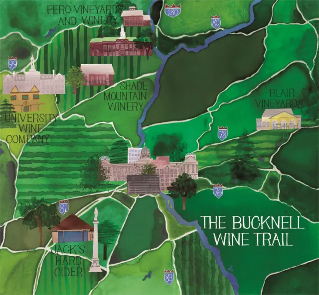 Watercolour Painting of The Bucknell Wine Trail Map