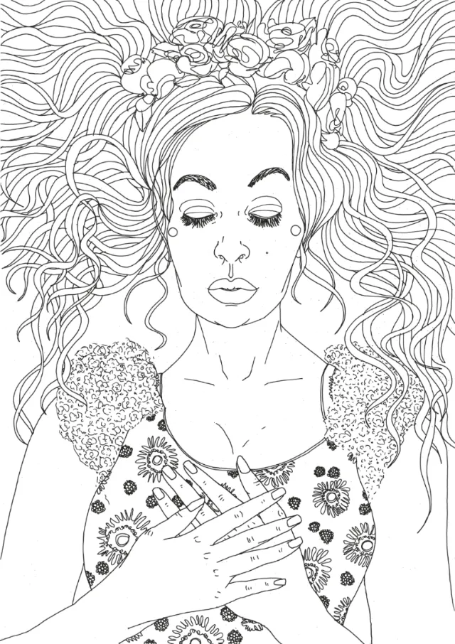 Black & white line drawing of sleeping beauty
