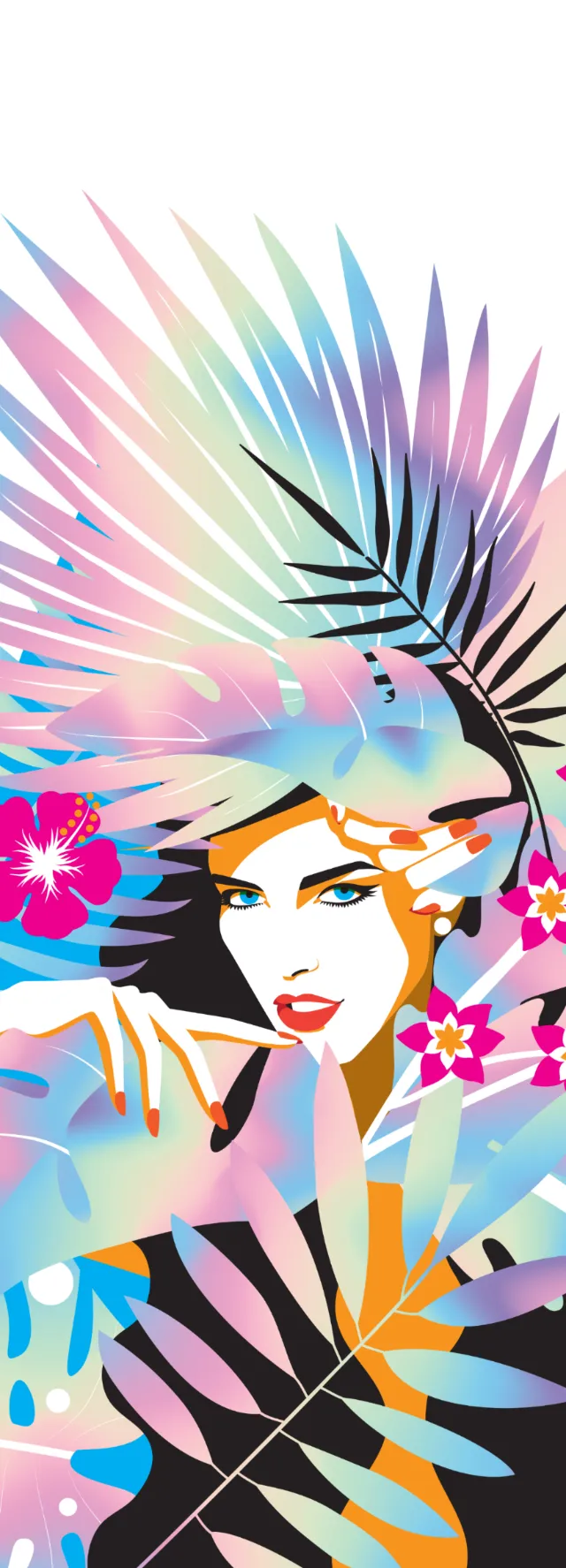 Colorful tropical woman portrait with leaves and flowers by Yordanka Poleganova