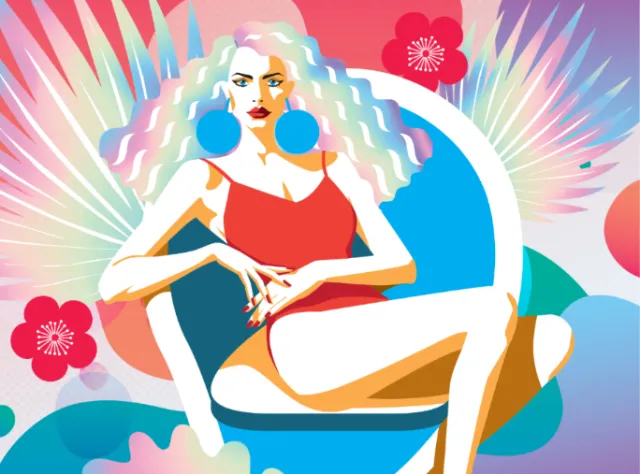 Colorful illustration of a woman with white hair and red dress by Yordanka Poleganova