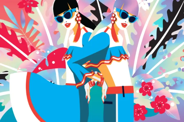 Digital artwork of two stylish women with sunglasses and colorful outfits by Yordanka Poleganova