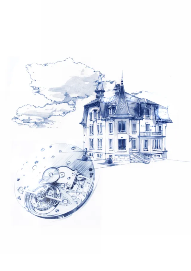 watercolor illustration of building and machine
