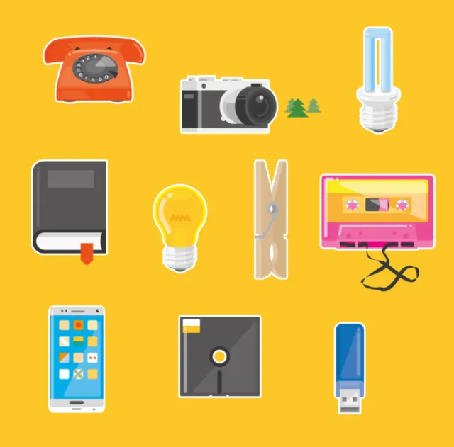 Illustration showing retro and modern objects including phone, camera, cassette, USB - Tobias Wandre