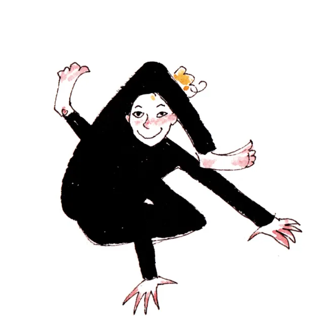 Playful character with extended limbs crouching, illustration by Katharina Madesta