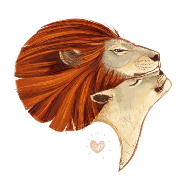 Lion and lioness nuzzling affectionately by Katharina Madesta