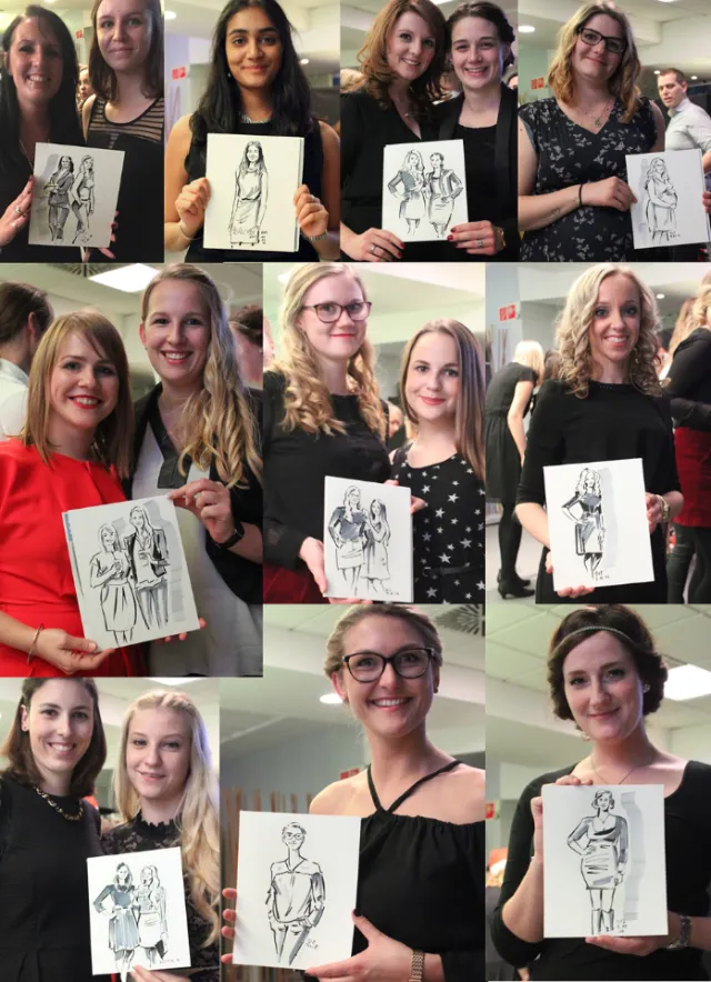 Women displaying portrait sketches by artist Björn von Schlippe