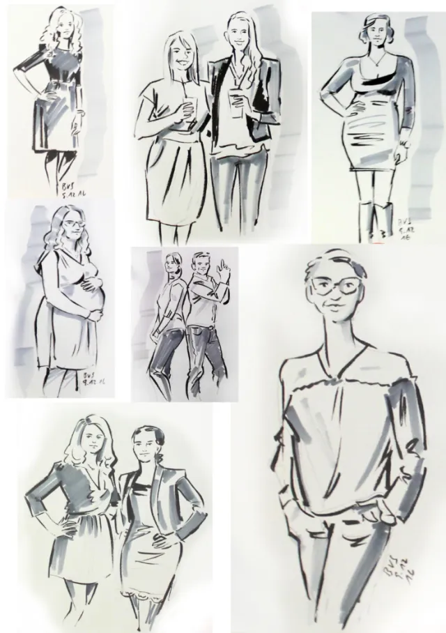 Fashion sketches of women in various outfits by Björn von Schlippe