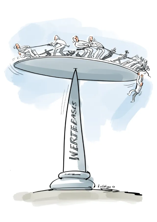 Balancing platform with many stylized figures, artwork by Björn von Schlippe
