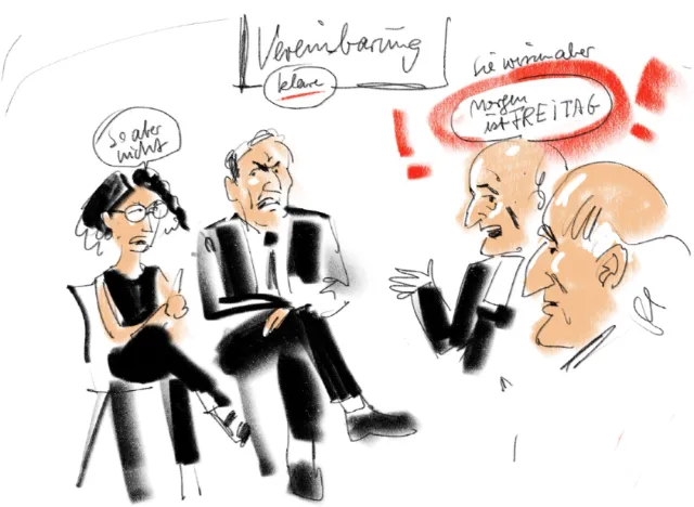 Sketch of four people discussing with handwritten notes by Björn von Schlippe