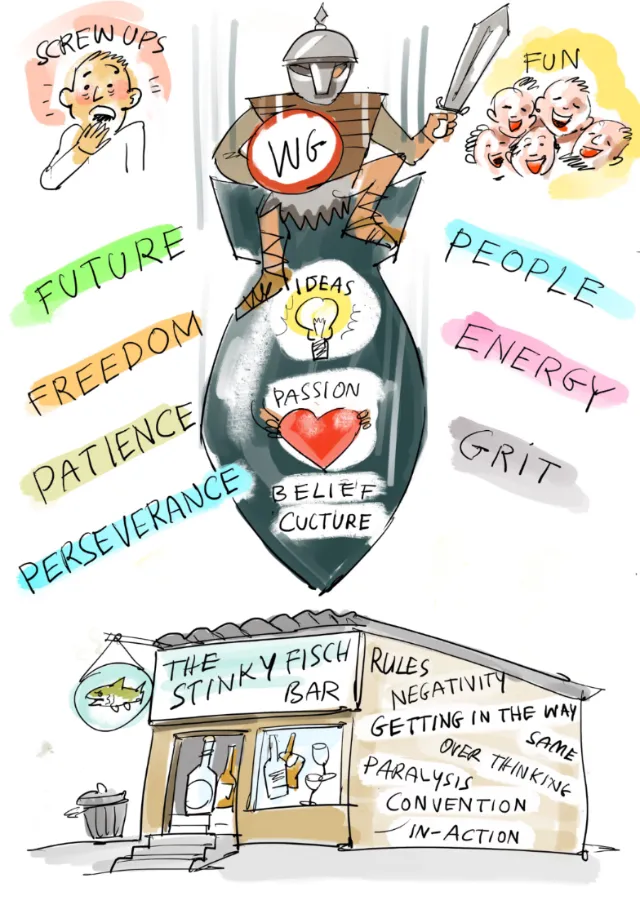 Knight holding shield with words about passion and culture by Björn von Schlippe