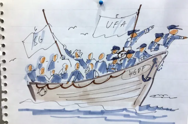 Boat with people holding BG and UFA flags, sketch by Björn von Schlippe
