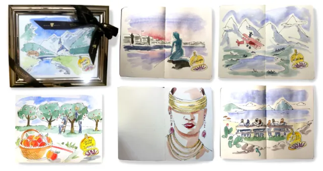 Watercolor sketches of landscapes, mountains, figure, and fruit by Björn von Schlippe