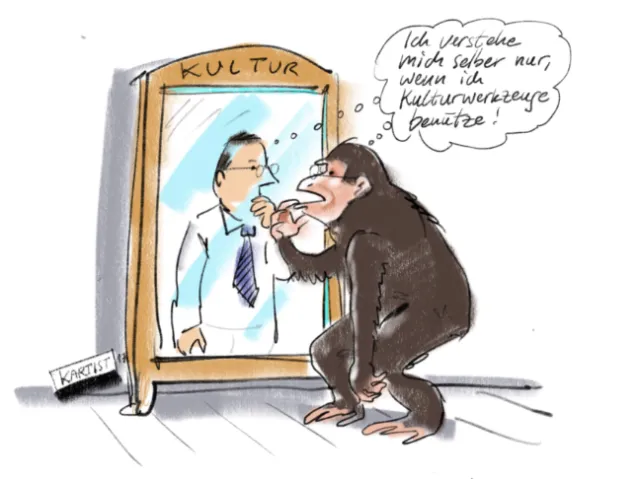 Cartoon of caveman and modern man at culture mirror by Björn von Schlippe