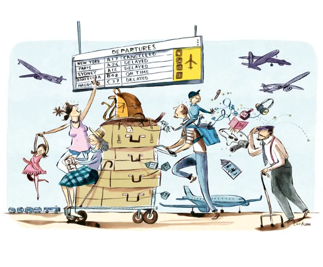 Cartoon of stressed travelers rushing with luggage at airport departure gate by Adam Larkum