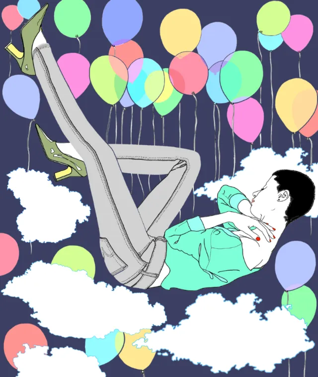 Computer generated woman with balloons