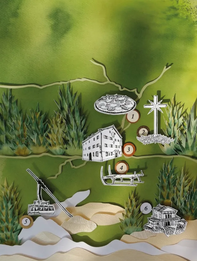 Illustrated landscape with buildings and cross by Martha von Maydell