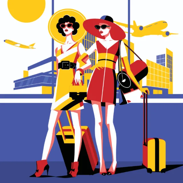 Stylish women travelers at airport with luggage by Yordanka Poleganova