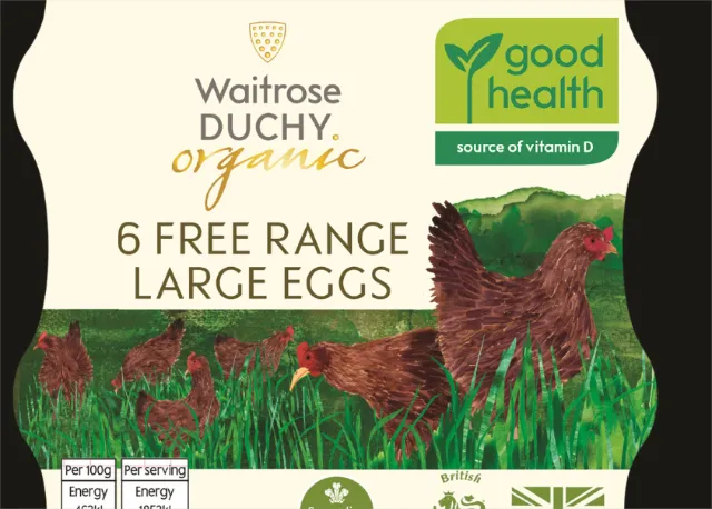 Waitrose Duchy Organic 6 free range large eggs packaging with chickens and health label by Jennifer