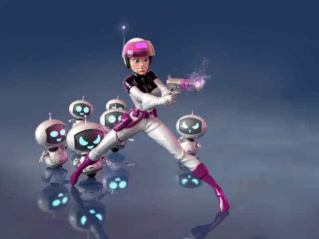 Futuristic girl with glowing gadget and five small robots by RIVE GAUCHE