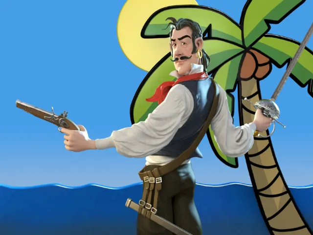 Pirate holding pistols near palm tree on tropical island, illustration by RIVE GAUCHE